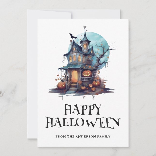Cartes Pour Fêtes Annuelles Pleine lune Citrouilles Haunted House Halloween Ca (Devant)