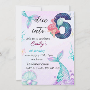 Cartes Pour Fêtes Annuelles Plongez dans l'invitation Mermaid 6e anniversaire