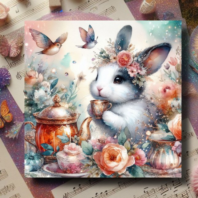 Cartes Pour Fêtes Annuelles Poche Aquarelle Lapin Floral Thé de Pâques (Créateur téléchargé)