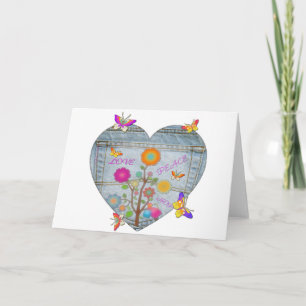 Cartes Pour Fêtes Annuelles Poche en Denim Cœur Fleurs Papillons Vacances Voit