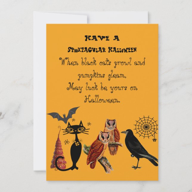 Cartes Pour Fêtes Annuelles Poème effrayant Halloween Chat Noir Hiboux Corbeau (Devant)