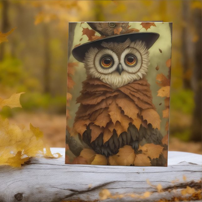 Cartes Pour Fêtes Annuelles Poème Romantique Chouette d'automne Anniversaire d (Adorable Fall Owl in leaves greeting card for Autumn Anniversary or Romantic Halloween)