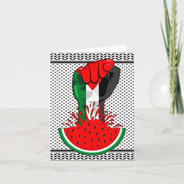 Cartes Pour Fêtes Annuelles Poing de résistance palestinienne sur Watermelon (Devant)