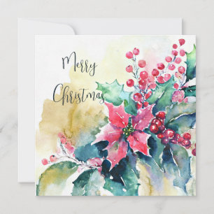Cartes Pour Fêtes Annuelles Poinsettia aquarelle et Noël personnalisé avec hou