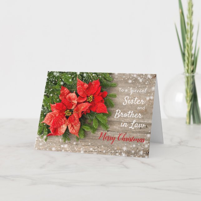 Cartes Pour Fêtes Annuelles Poinsettia, bois Noël Soeur & Frère en Droit (Devant)