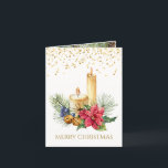Cartes Pour Fêtes Annuelles Poinsettia, bougies, pin, cloches Noël<br><div class="desc">Elégante carte de Noël avec Poinsettia,  bougies dorées,  branchette de pin,  sainte,  baies et cloches blanches. Sur le dessus de la carte - confettis à effet doré.</div>