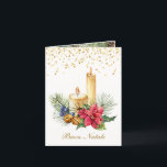 Cartes Pour Fêtes Annuelles Poinsettia, bougies, pin, cloches Noël italien<br><div class="desc">Elégante carte de Noël italienne avec Poinsettia,  bougies dorées,  branchette de pin,  sainte,  baies et cloches blanches. Sur le dessus de la carte - confettis à effet doré. Le texte italien en face dit :  Joyeux Noël. A l'intérieur aussi en italien : Joyeux Noël et joyeux Nouvel An</div>