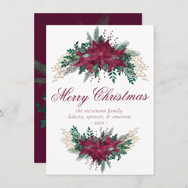 Cartes Pour Fêtes Annuelles Poinsettia Bourgogne et Turquoise hiver Floral Gar (Devant / Derrière)