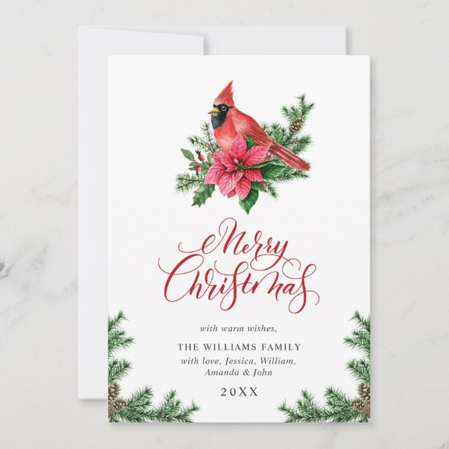 Cartes Pour Fêtes Annuelles Poinsettia Cardinal Rouge Salutation de Noël (Devant)