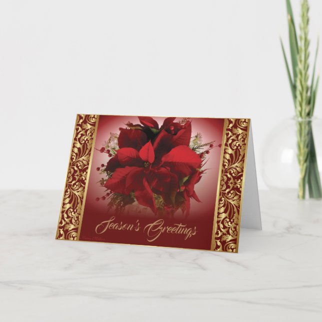 Cartes Pour Fêtes Annuelles Poinsettia de Noël Rouge et Or Élégant (Devant)