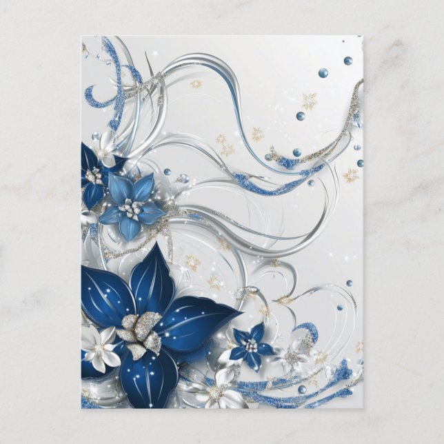 CARTES POUR FÊTES ANNUELLES POINSETTIA DE VACANCES BLEU / BLANC #1 (Devant)