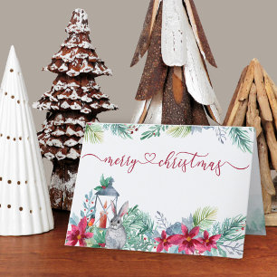 Cartes Pour Fêtes Annuelles Poinsettia et lapin en aquarelle de verdure hivern