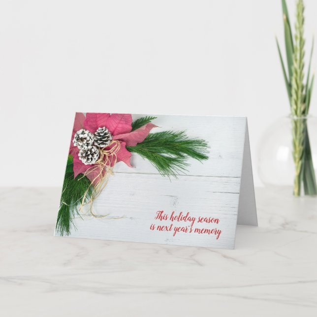 Cartes Pour Fêtes Annuelles poinsettia et pin de Noël sur bois (Devant)