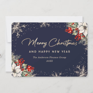 Cartes Pour Fêtes Annuelles Poinsettia Flocon de Neige Élégant Bleu Entreprise