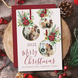 Cartes Pour Fêtes Annuelles Poinsettia Floral 3 Photo Ornament Merry Christmas