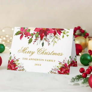 Cartes Pour Fêtes Annuelles Poinsettia Floral Élégant Or Noël Plié