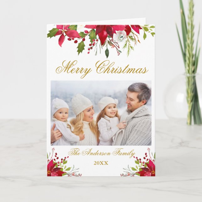 Cartes Pour Fêtes Annuelles Poinsettia Floral Photo Noël Plier Or (Devant)