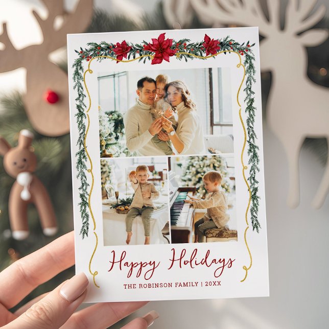 Cartes Pour Fêtes Annuelles Poinsettia Green Gold Joyeux Vacances 3 Photo (Créateur téléchargé)