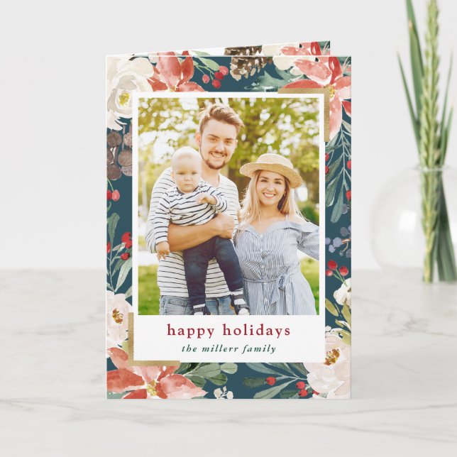Cartes Pour Fêtes Annuelles Poinsettia Holly Berries Floral Photo Noël (Devant)