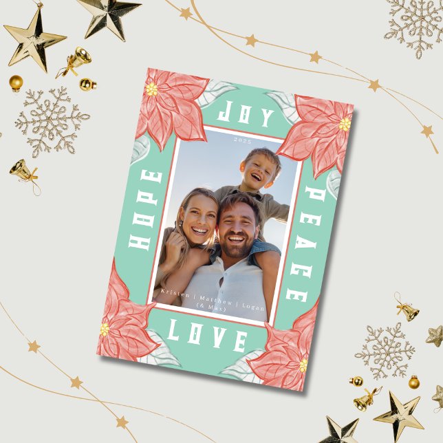 Cartes Pour Fêtes Annuelles Poinsettia Inspiration Joie Espoir Paix Amour (Cheerful soft pastel original poinsettia art card perfect for warmer weather beachy holiday vibes!)