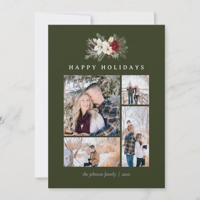 Cartes Pour Fêtes Annuelles Poinsettia & Lily 5 Photo Collage Rustic Christmas (Devant)