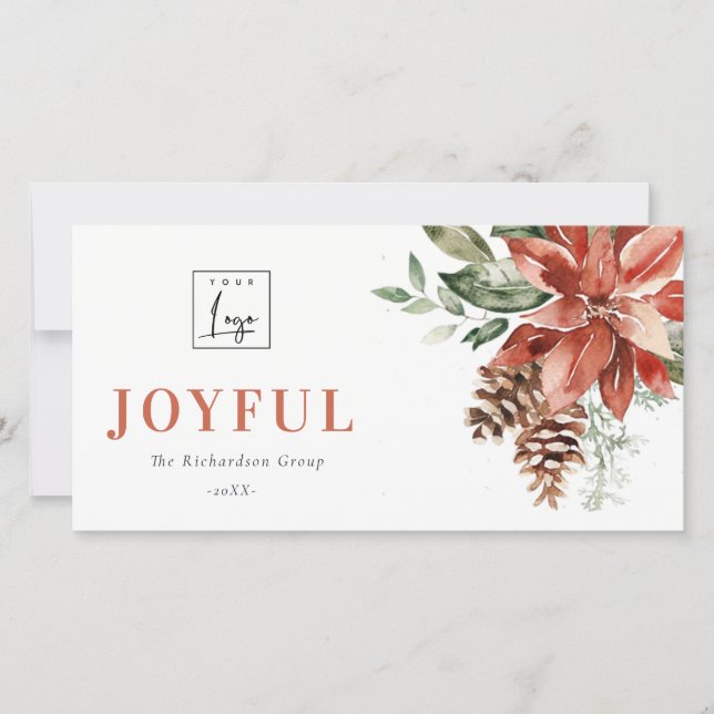 Cartes Pour Fêtes Annuelles Poinsettia Pin Joyeux Noël Logo Entreprise (Devant)