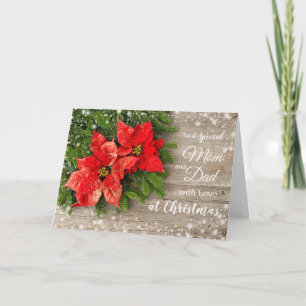 Cartes Pour Fêtes Annuelles Poinsettia, pin sur bois Noël Maman et Papa