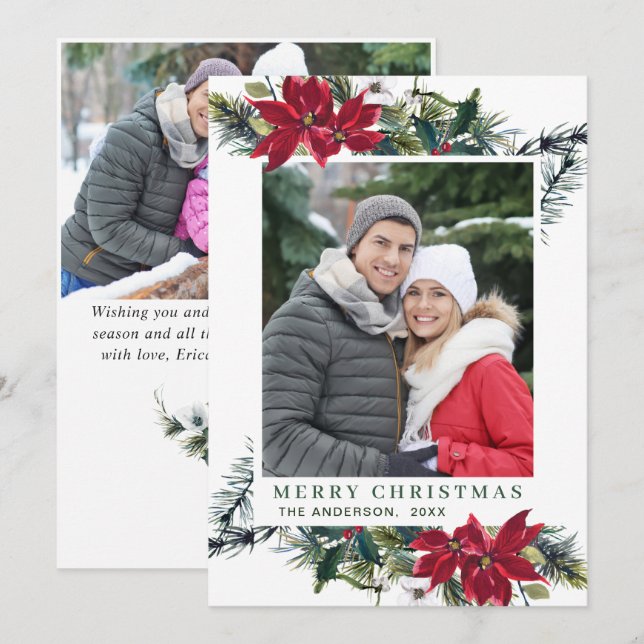 Cartes Pour Fêtes Annuelles Poinsettia rouge festive Vœux de Noël 2 PHOTO (Devant / Derrière)