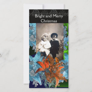 CARTES POUR FÊTES ANNUELLES POINSETTIAS BLEU ROUGE, ÉTOILES DE NOËL EN ÉCLAIRA