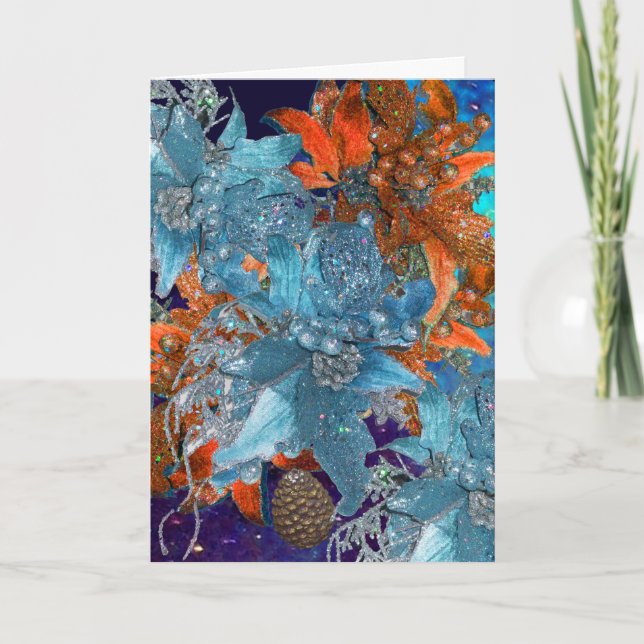 CARTES POUR FÊTES ANNUELLES POINSETTIAS BLEU ROUGE, ÉTOILES DE NOËL EN ÉCLAIRA (Devant)