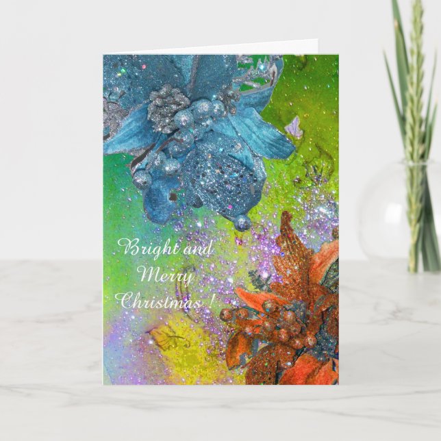 CARTES POUR FÊTES ANNUELLES POINSETTIAS BLEU ROUGE, ÉTOILES XMAS EN ÉPARKLES V (Devant)