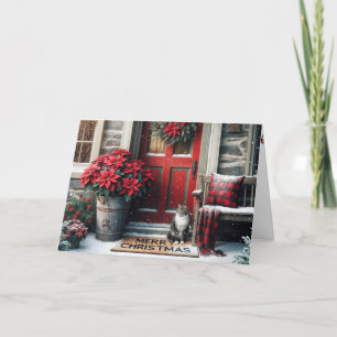 Cartes Pour Fêtes Annuelles Poinsettias de Noël et Tabby Chat sur natte
