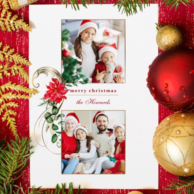 Cartes Pour Fêtes Annuelles Poinsettias élégant et manuscrits or 2 photos (Créateur téléchargé)