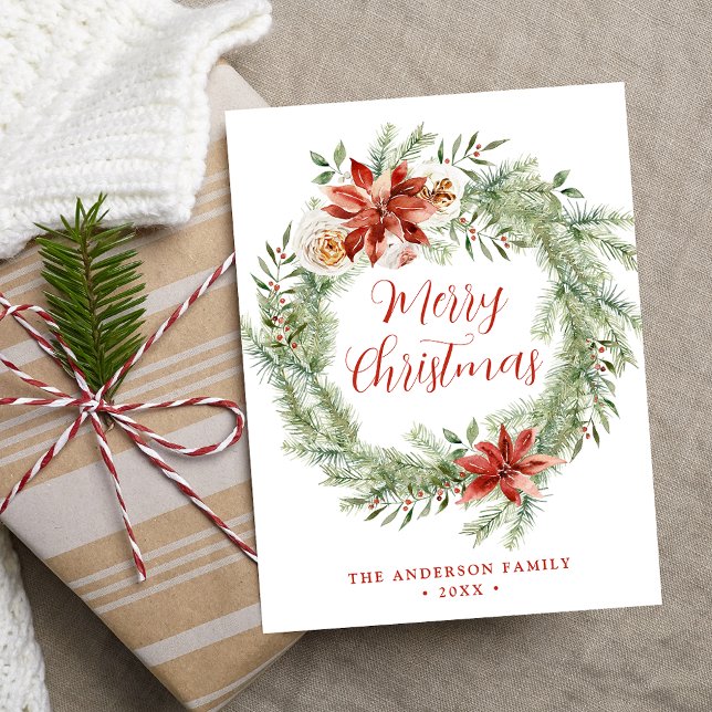 Cartes Pour Fêtes Annuelles Poinsettias élégantes et verdure non photo (Créateur téléchargé)