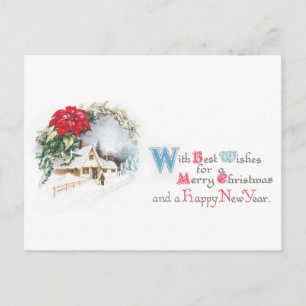 Cartes Pour Fêtes Annuelles Poinsettias et Maison en Snow Vintage Noël