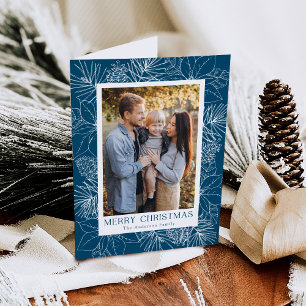 Cartes Pour Fêtes Annuelles Poinsettias et pommes de pin élégants Bleu 2 Photo