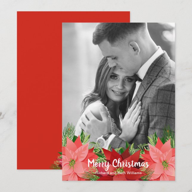 Cartes Pour Fêtes Annuelles Poinsettias Floral Photo de Noël (Devant / Derrière)