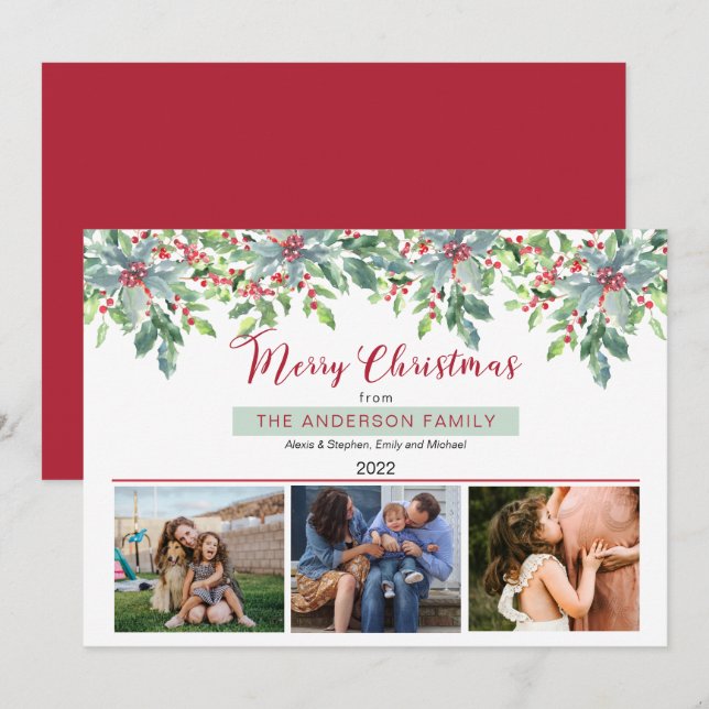 Cartes Pour Fêtes Annuelles Poinsettias Holly Greenery Joyeux Noël 3 Photo (Devant / Derrière)