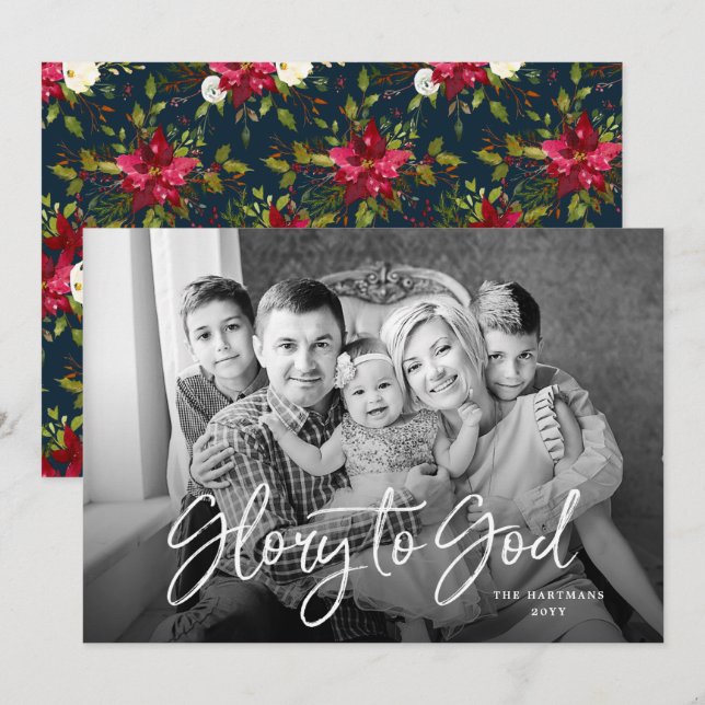 Cartes Pour Fêtes Annuelles Poinsettias Peints | Photo Plein Cadre (Devant / Derrière)