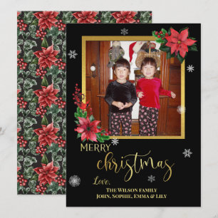 Cartes Pour Fêtes Annuelles Poinsettias sur fond noir avec feuilles d'or et fl