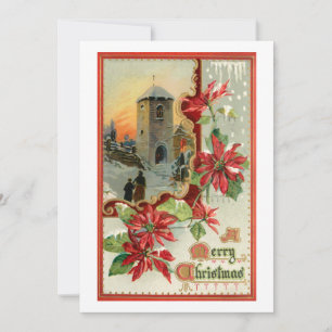 Cartes Pour Fêtes Annuelles Poinsettias vintages, église et voeux de Noël