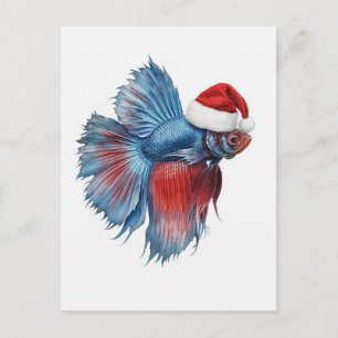 Cartes Pour Fêtes Annuelles Poisson combattant au chapeau de Père Noël aquarel