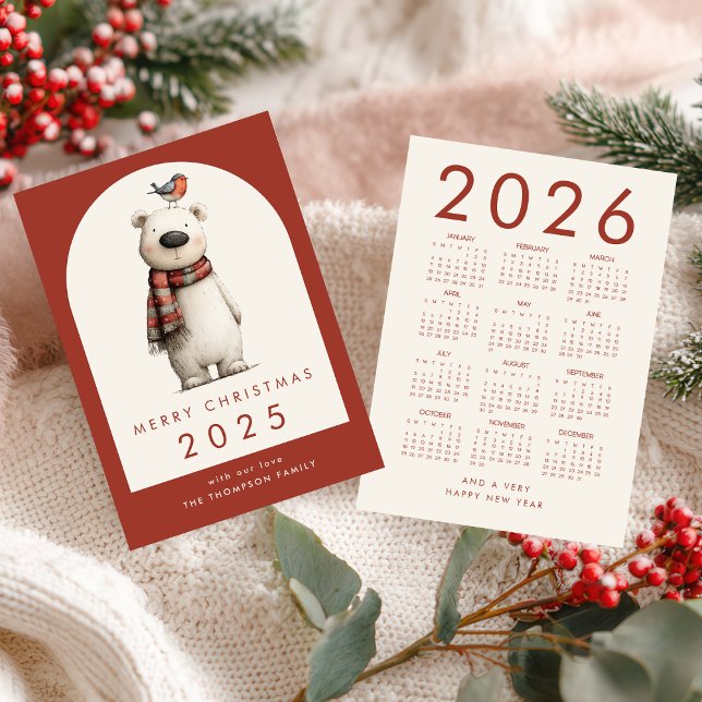 Cartes Pour Fêtes Annuelles Polar Bear 2026 Calendar Merry Christmas (front and back view)