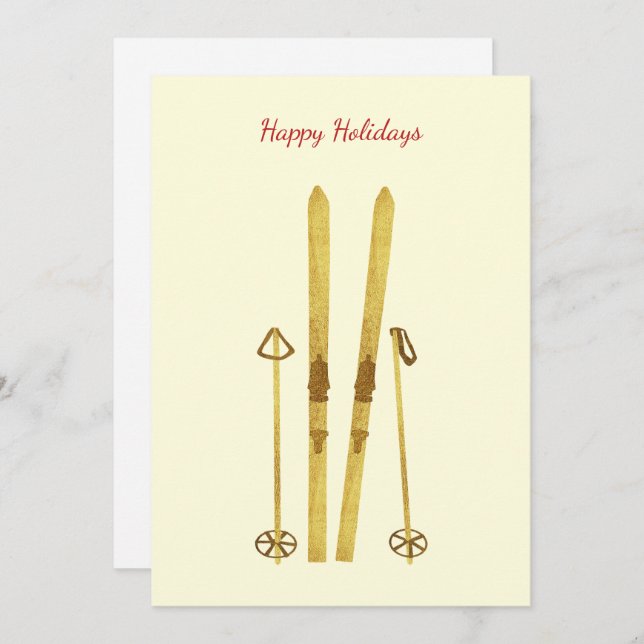 Cartes Pour Fêtes Annuelles Poles Gold Skis | Crème d'illustration de ski Vint (Devant / Derrière)