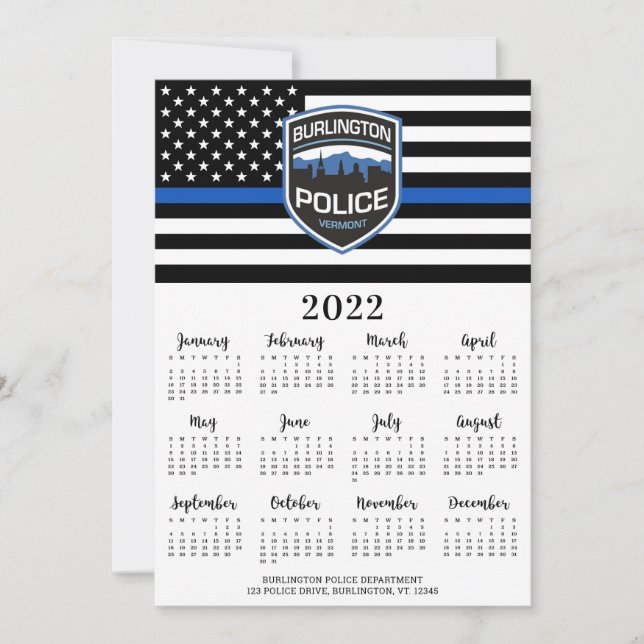 Cartes Pour Fêtes Annuelles Police 2022 Mince Ligne Bleue Logo Calendrier 12 M (Devant)