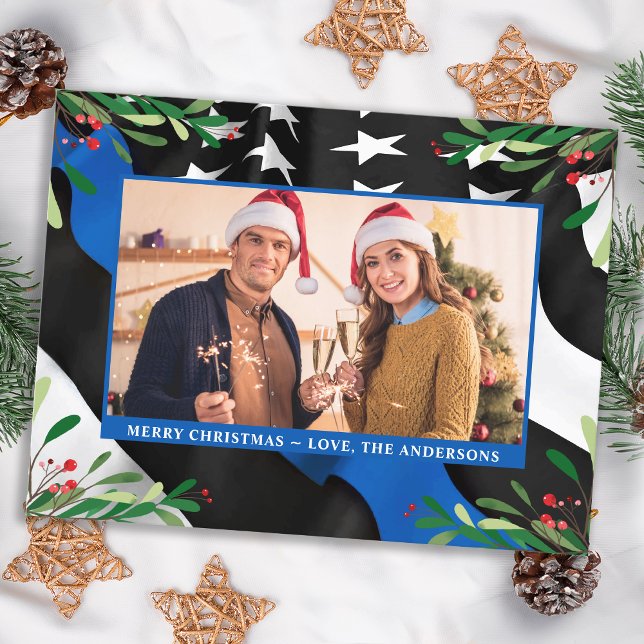 Cartes Pour Fêtes Annuelles Police Ligne Bleue Mince Drapeau Photo personnalis (Créateur téléchargé)