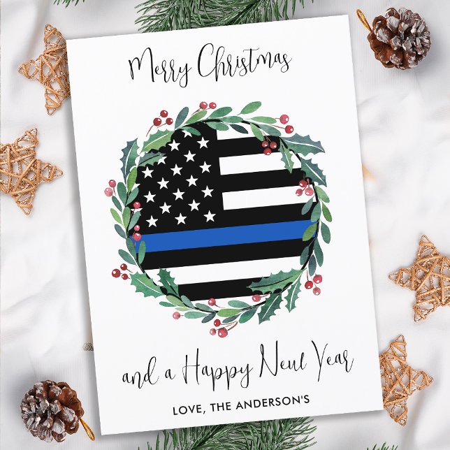Cartes Pour Fêtes Annuelles Police Noël Mince Ligne Bleue Drapeau Wreath (Créateur téléchargé)