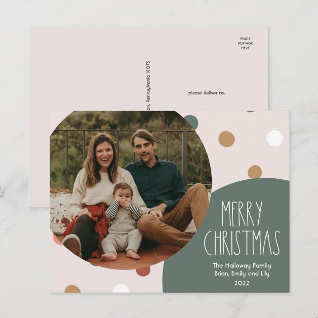 Cartes Pour Fêtes Annuelles Polka Boho vert point Noël une photo (Devant / Derrière)