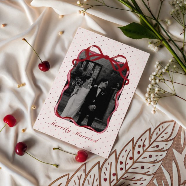 Cartes Pour Fêtes Annuelles Polka Dot Bow Photo Merrily Married Couple Wedding (Créateur téléchargé)