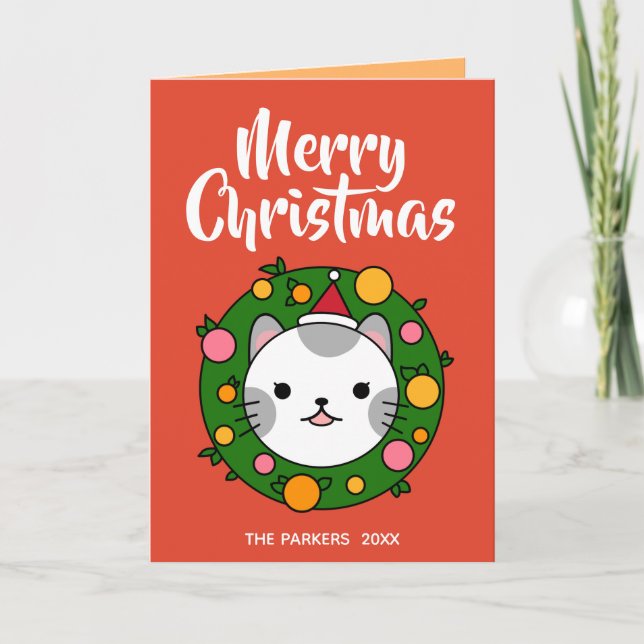 Cartes Pour Fêtes Annuelles Polka Dot Cat Wreath Rouge | Joyeuse photo de Noël (Devant)